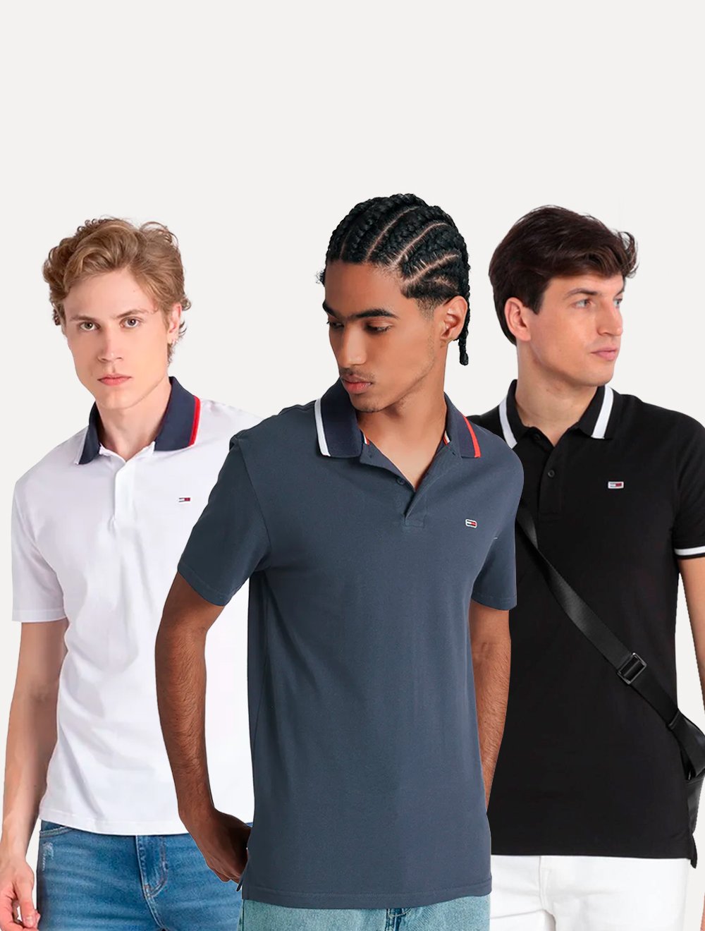 Kit Polos Tommy Jeans | Regular Flag Neck e Tipped Stretch Preta/Branca/Azul Marinho