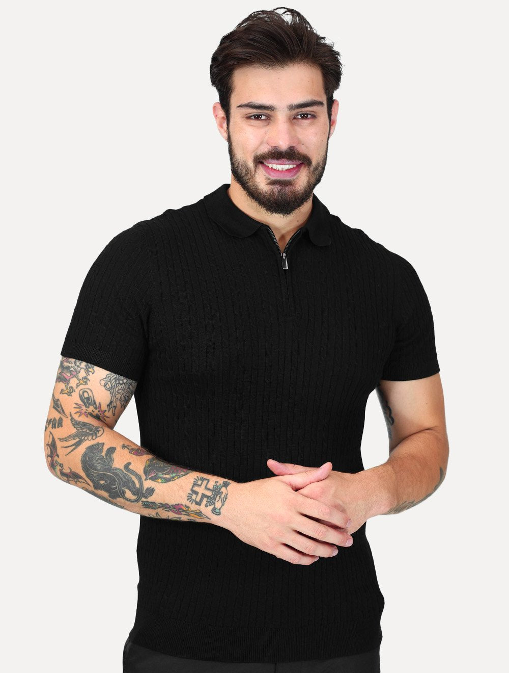 Tricô Dixen Manga Curta Gola Polo Ziper Preta