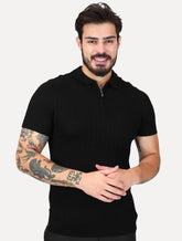 Tricô Dixen Manga Curta Gola Polo Ziper Preta