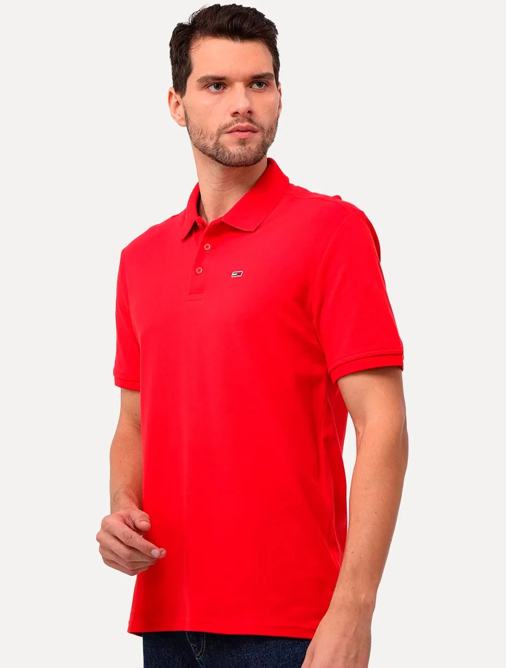 Polo Tommy Jeans Masculina Slim Piquet Flag Placket Vermelha