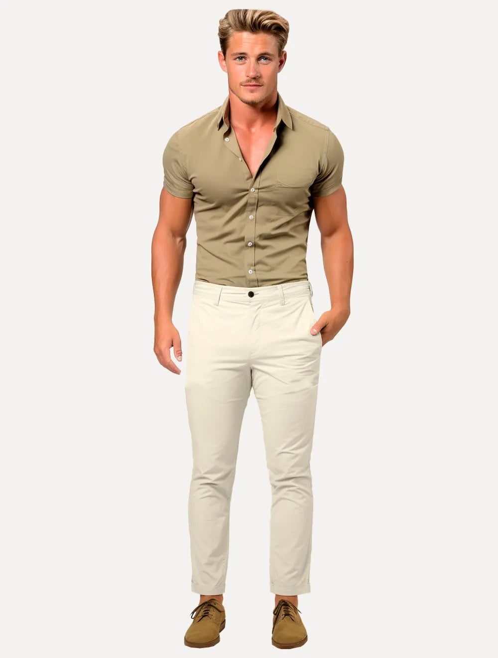 Calça King & Joe Sarja Masculina Slim Plaid Areia