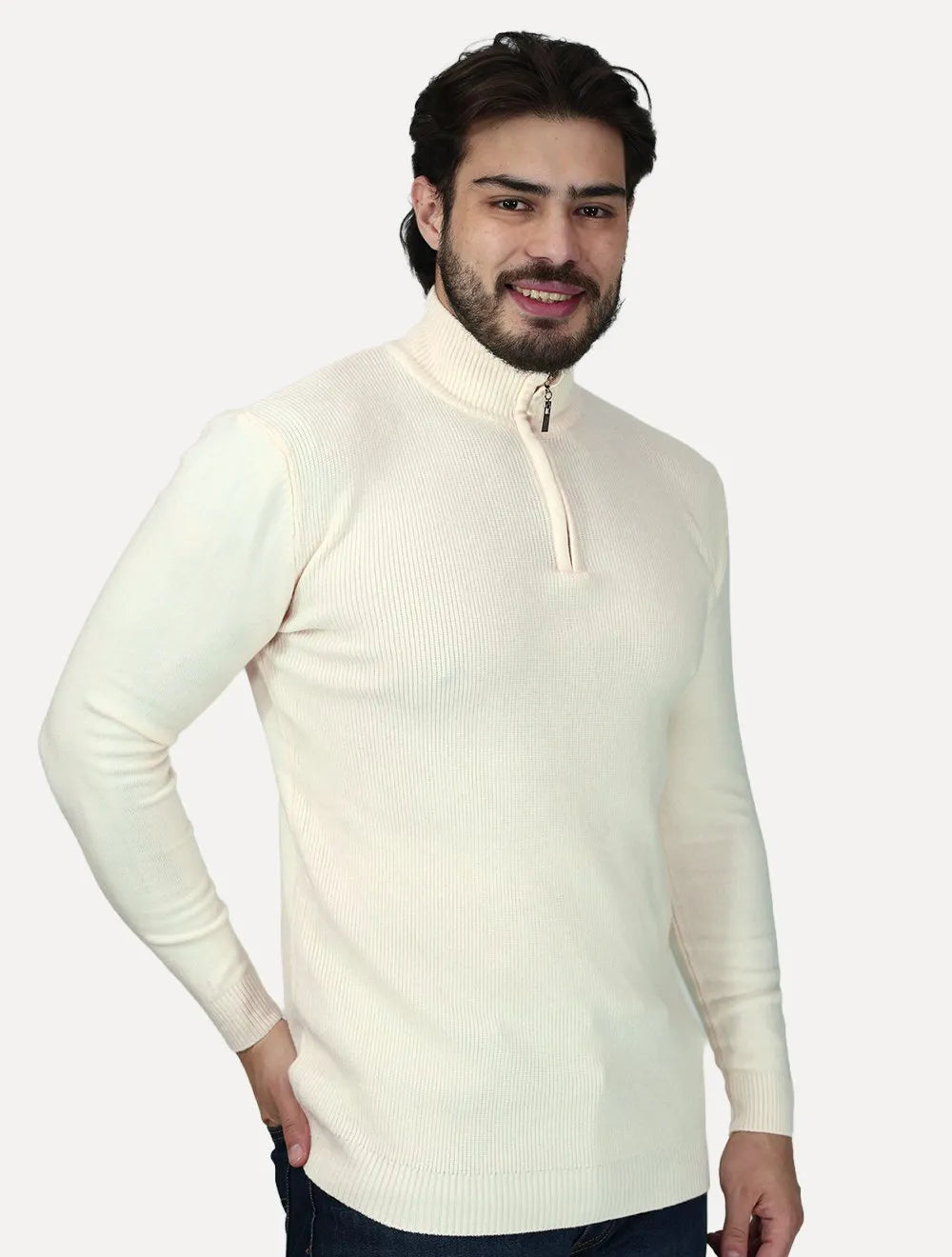 Suéter Dixen Masculino Tricot Straights Half-Zip Gola Alta Off White