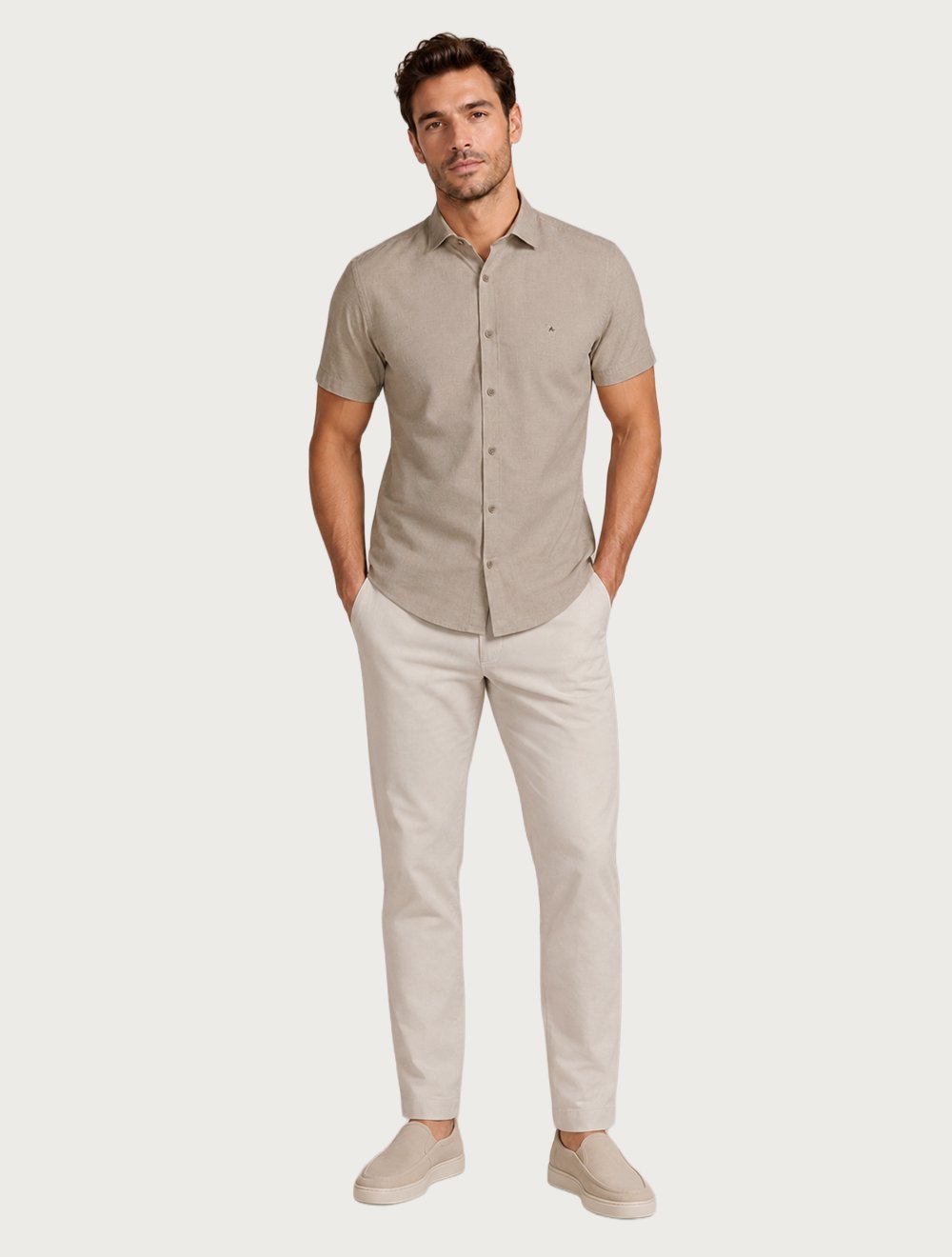 Camisa Aramis Masculina Manga Curta Slim Fil a Fil Antilia Amêndoa
