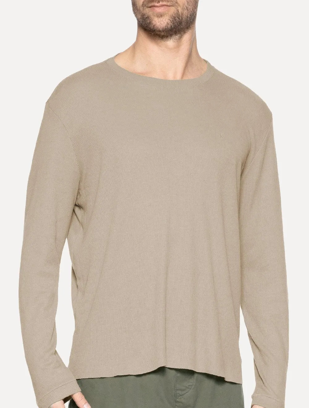 Camiseta Calvin Klein Jeans Masculina Manga Longa Ribana Gola Cáqui Claro
