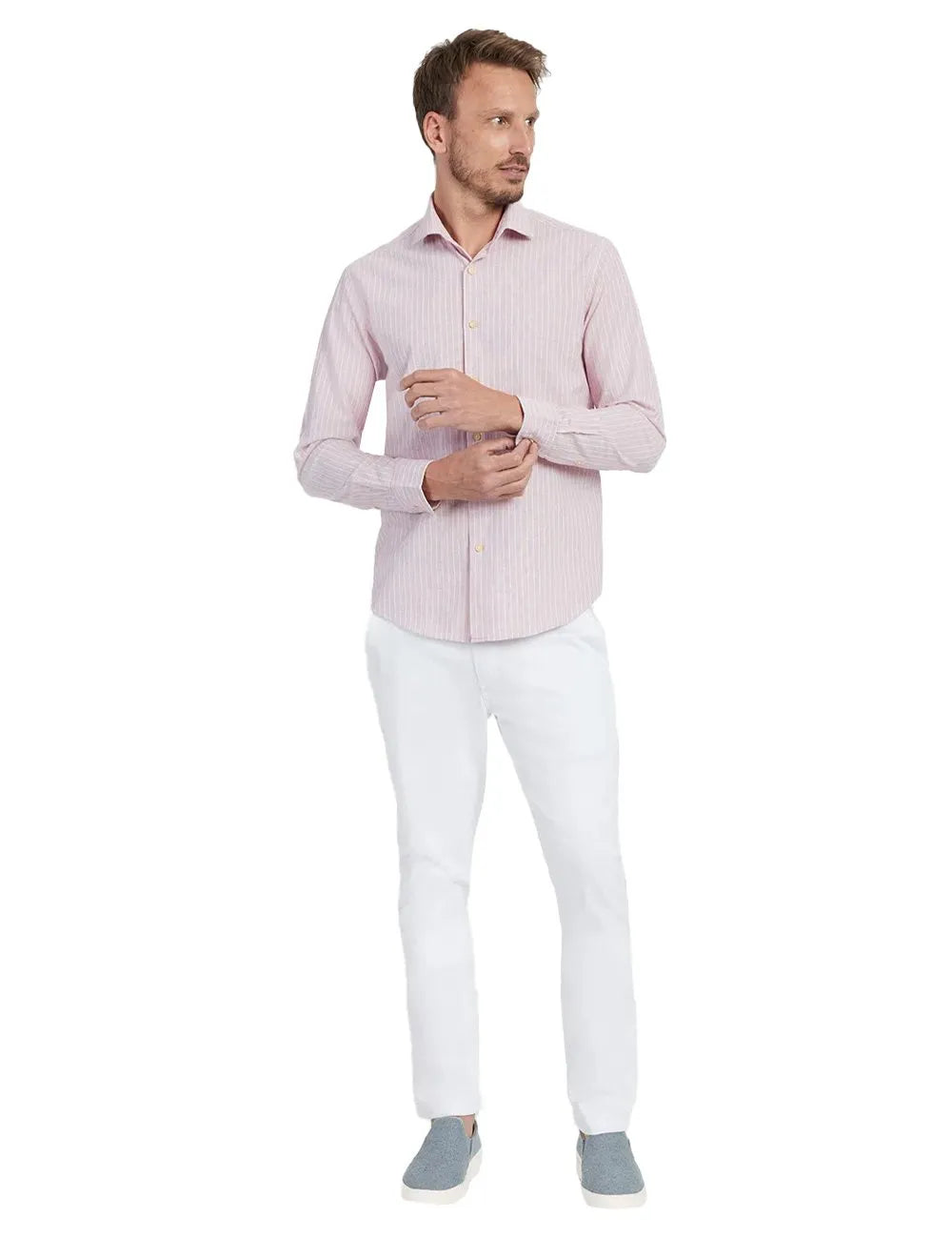 Camisa Aramis Masculina Slim Cambraia Listrada Rosa Claro