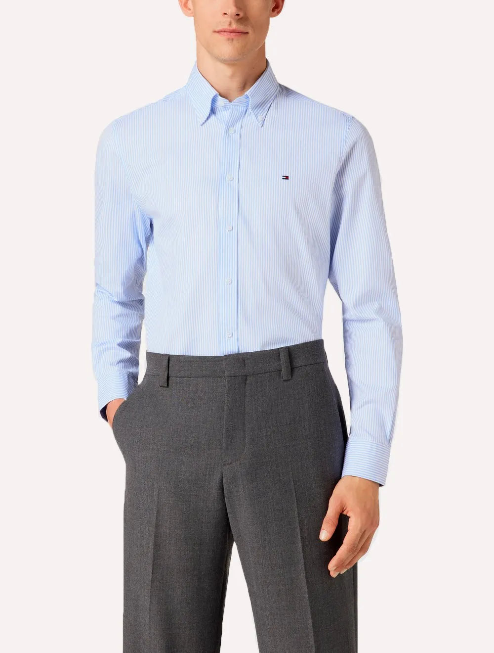 Camisa Tommy Hilfiger Masculina Regular Fine Striped Poplin Azul Claro