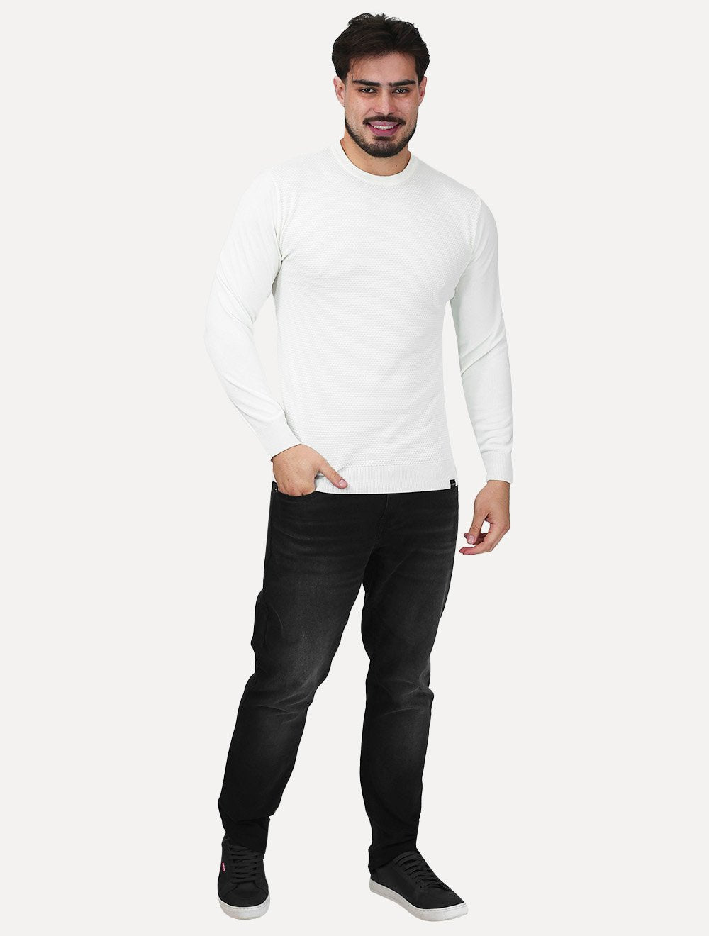 Suéter Dixen Masculino Tricot Manga Longa Frente Texturizada Branca