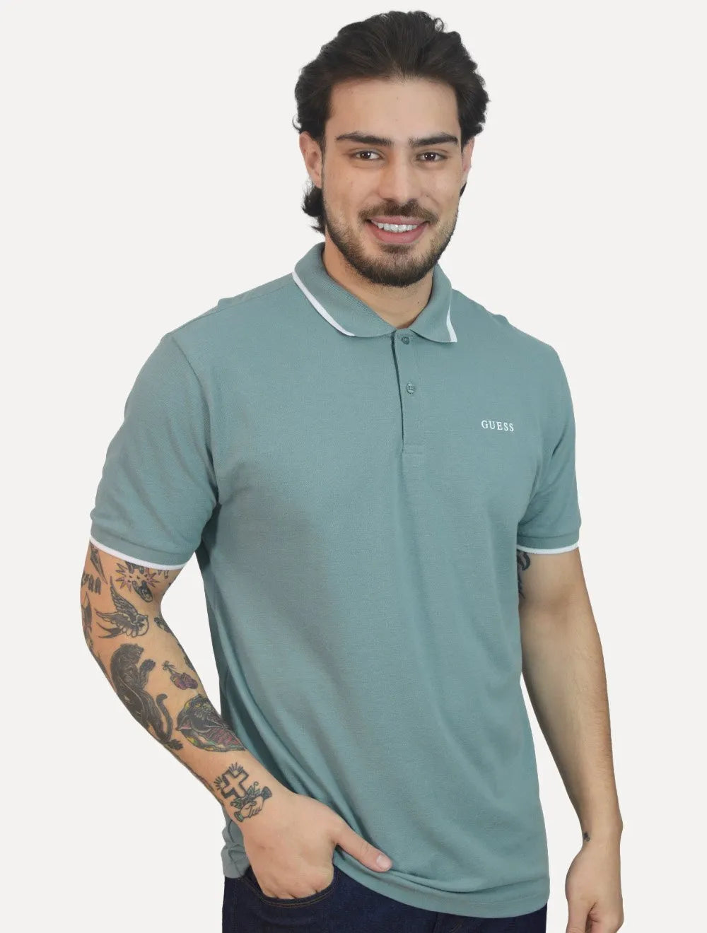 Polo Guess Masculina Piquet Silk Linear Light Friso Azul Petróleo