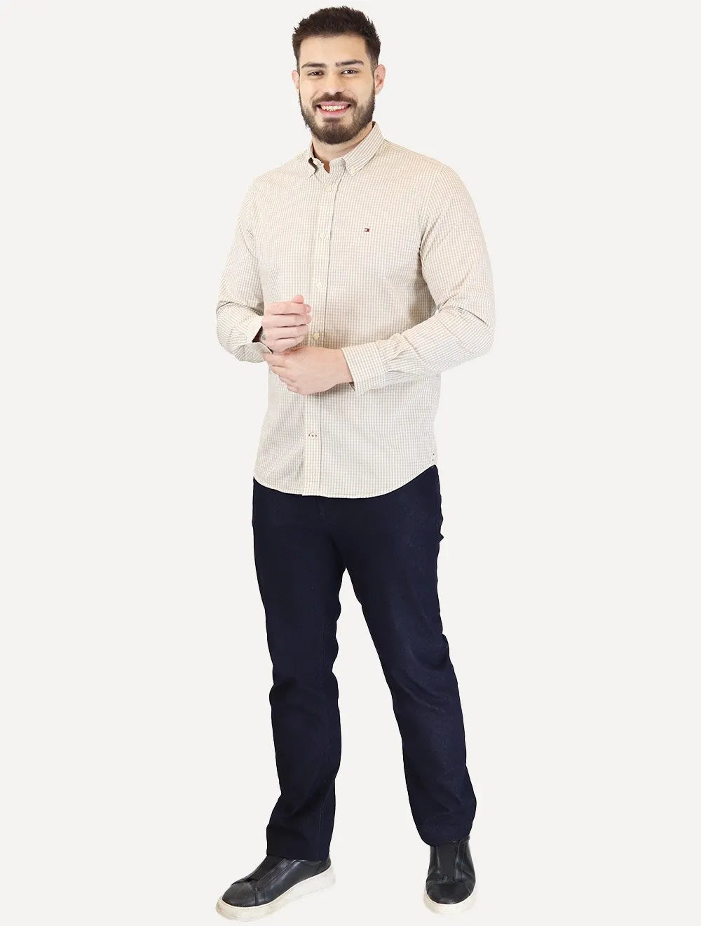 Camisa Tommy Hilfiger Masculina Xadrez Gingham Branca/Cáqui
