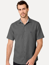 Camisa Dudalina Masculina Manga Curta Slim Superfine Cotton Tricoline Lisa Cinza Médio