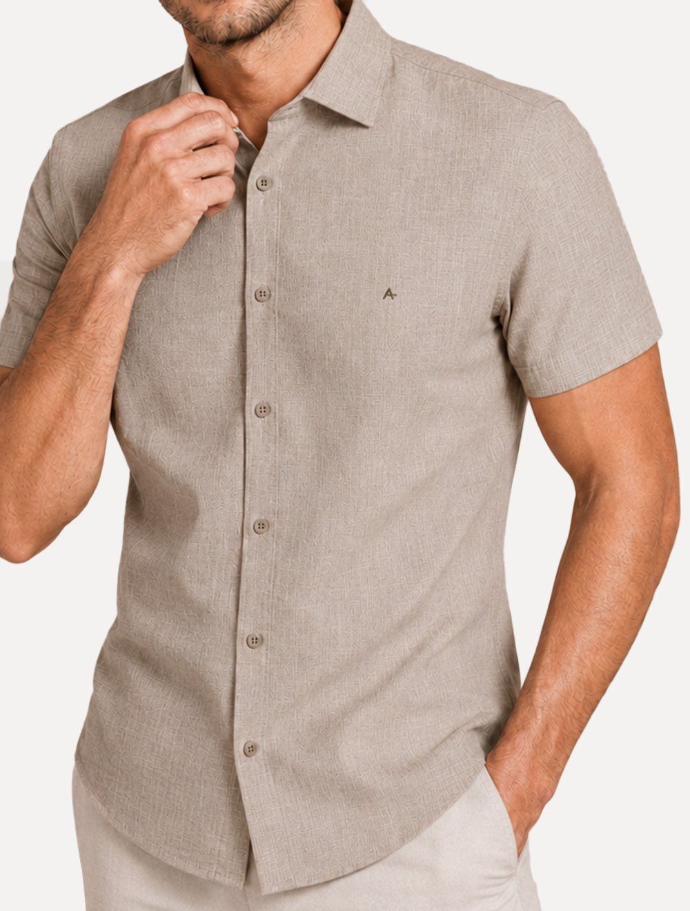 Camisa Aramis Masculina Manga Curta Slim Fil a Fil Antilia Amêndoa