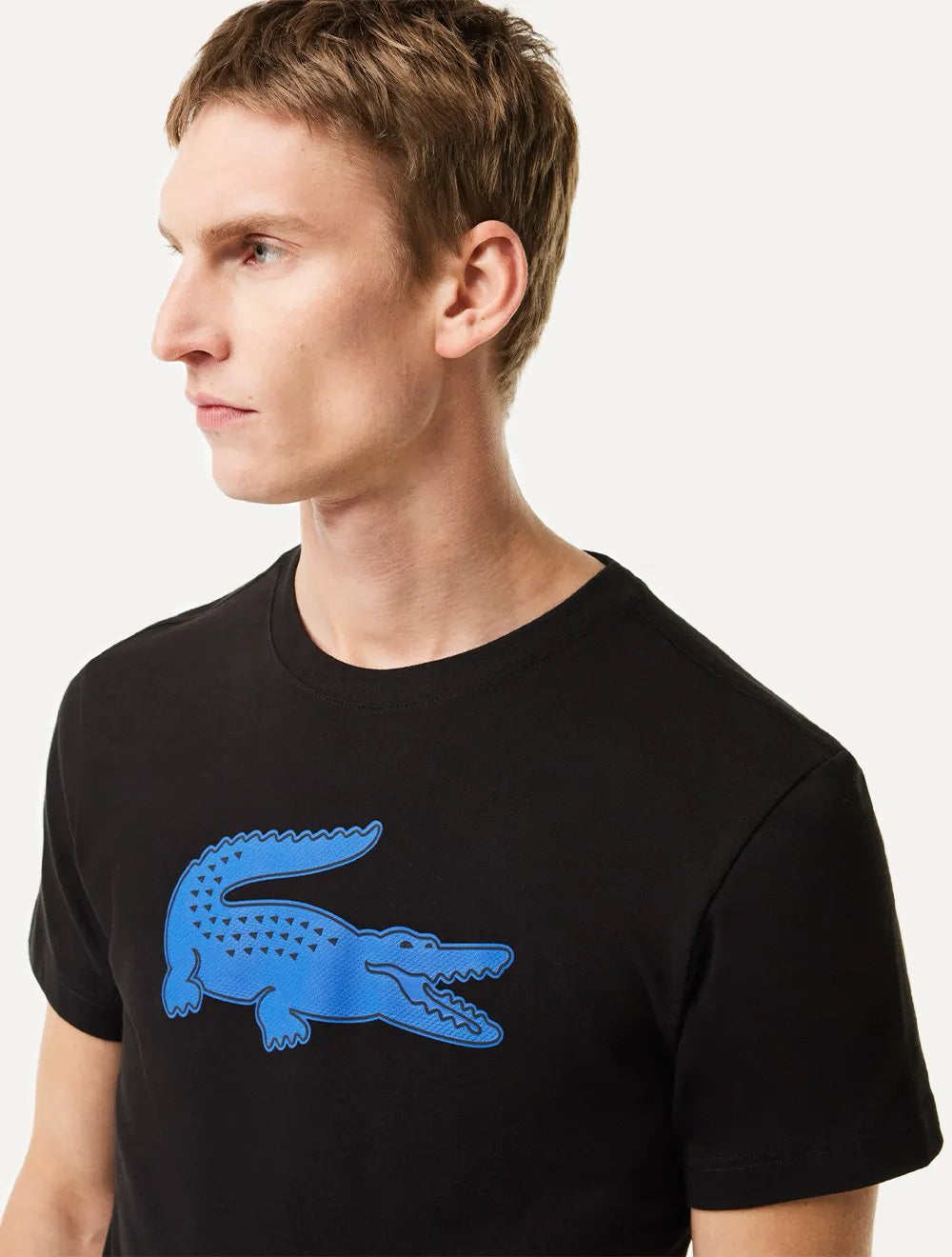 Camiseta Lacoste Masculina Jersey Sport 3D Blue Logo Preta