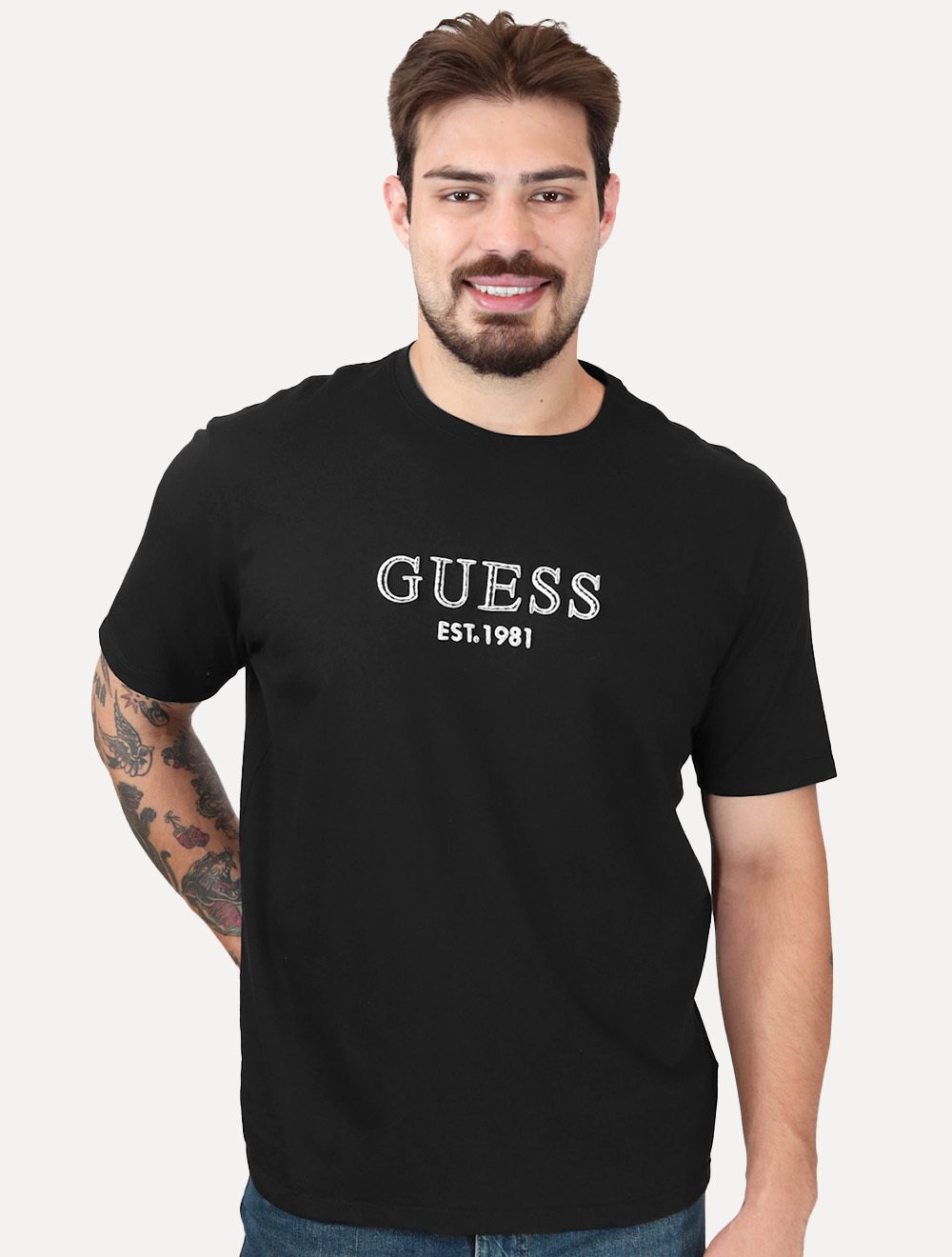 Camiseta Guess Masculina Bordado Peito Logo 1981 Preta