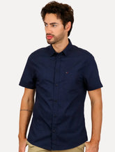 Camisa Tommy Jeans Masculina Manga Curta Solid Poplin Azul Marinho