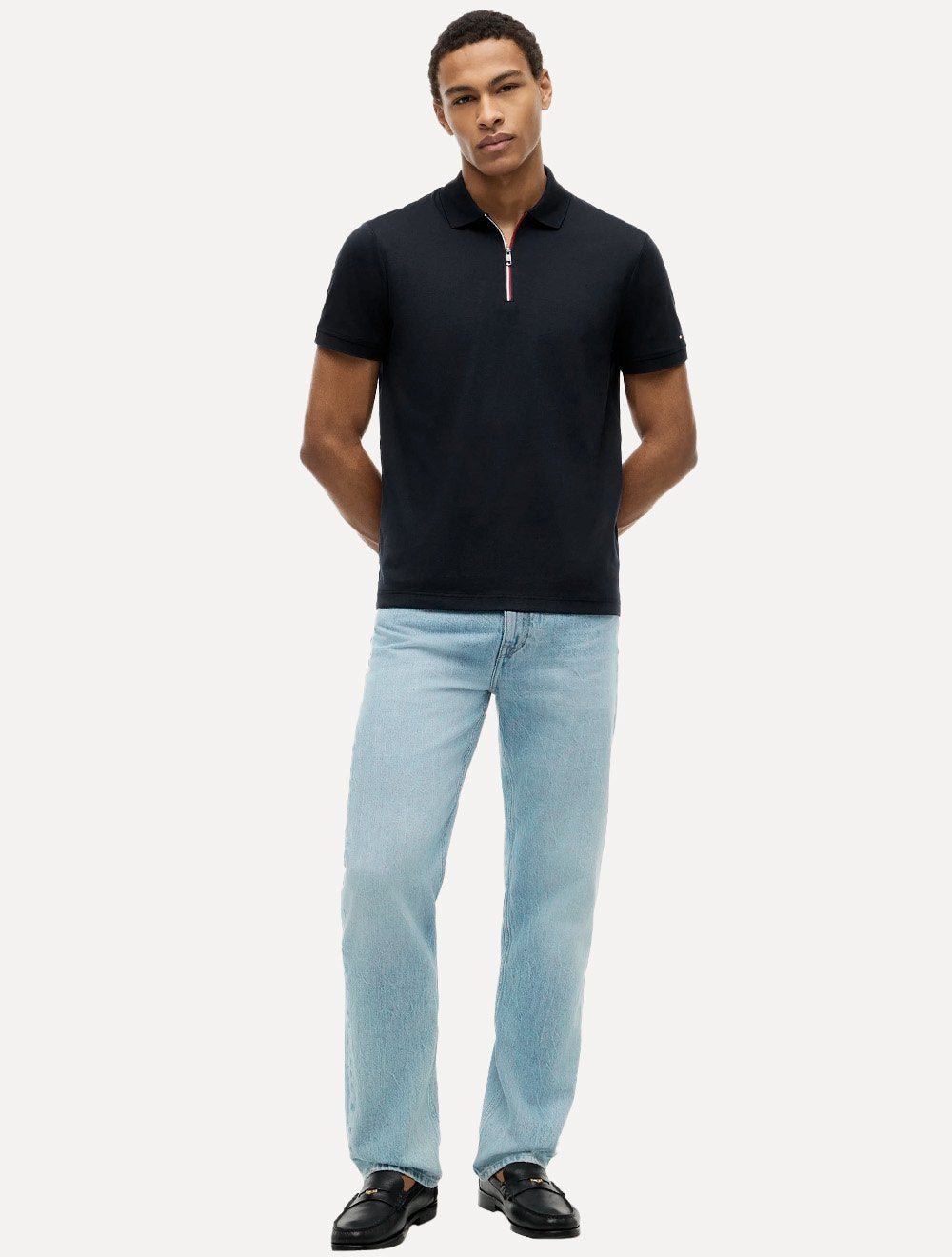 Polo Tommy Hilfiger Masculina Malha Liquid Cotton Zip Azul Marinho