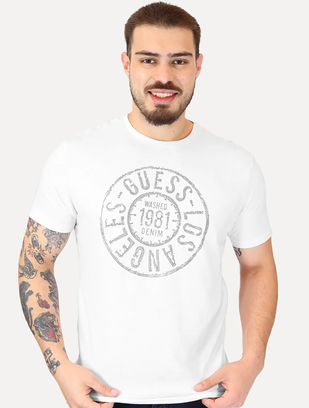 Camiseta Guess Masculina Washed Stamp Branca
