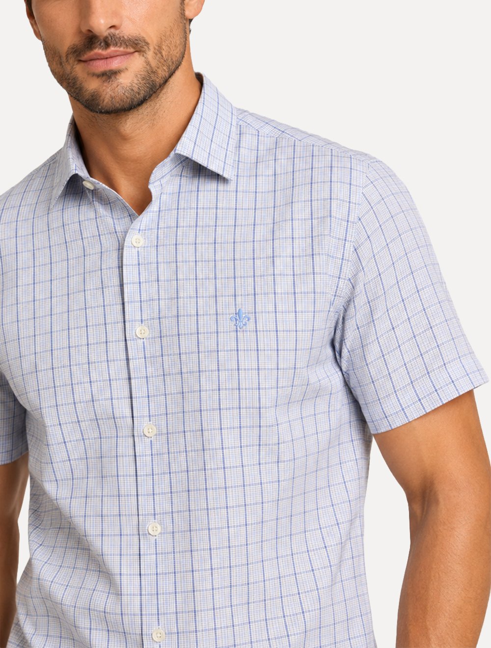Camisa Dudalina Masculina Manga Curta Slim Confort Superfine Cotton Listrada Cinza Claro