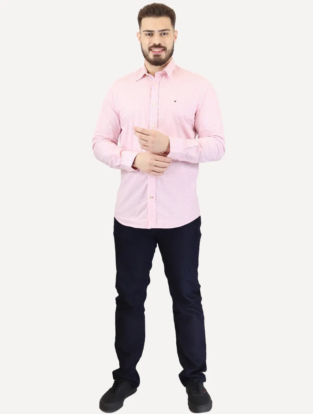 Camisa Tommy Hilfiger Masculina Xadrez Gingham Branca/Rosa Médio