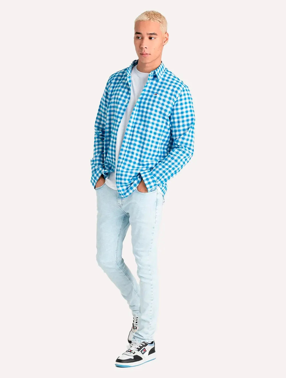 Camisa Tommy Jeans Masculina Xadrez Essential Branca/Azul