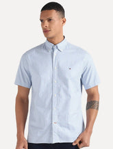Camisa Tommy Hilfiger Masculina Manga Curta Xadrez Gingham Branca/Azul Claro