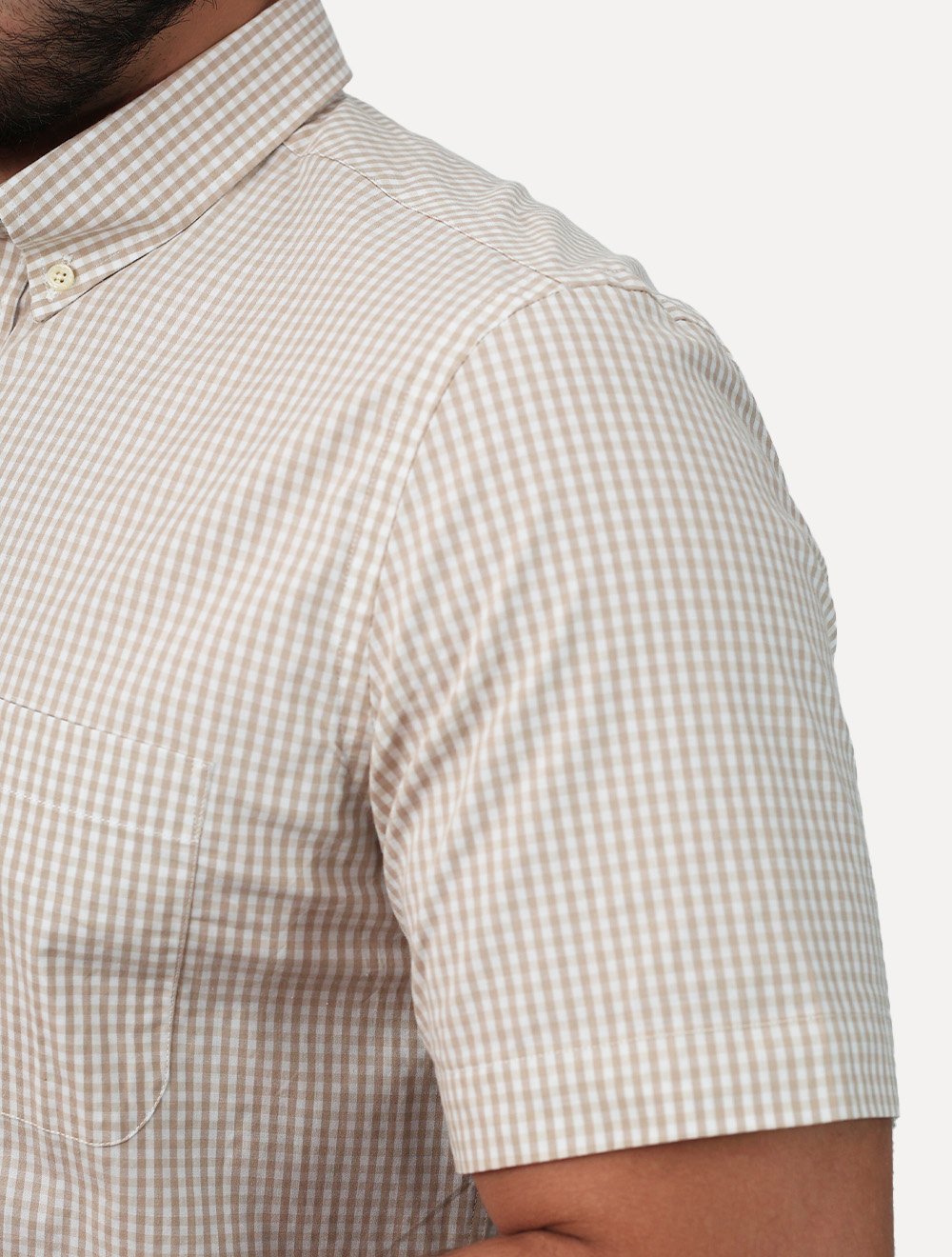 Camisa Tommy Hilfiger Masculina Manga Curta Pocket Gingham Cáqui