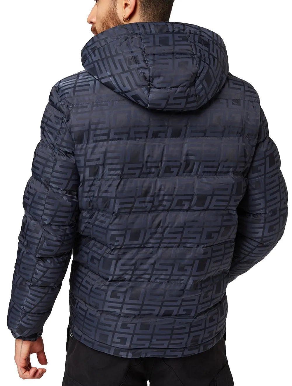 Jaqueta Guess Masculina Hoodie Allover Logo Puffer Azul Marinho