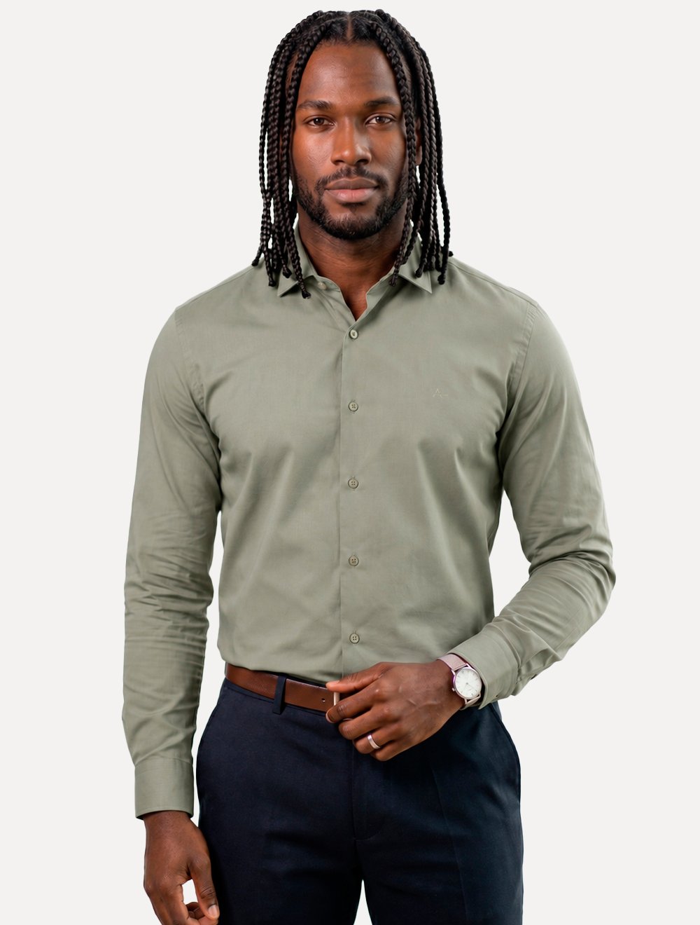 Camisa Aramis Masculina Slim Tricoline Liso Stretch Cáqui Escuro
