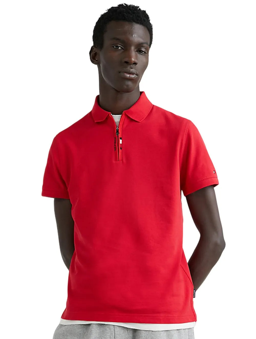 Polo Tommy Hilfiger Masculina Regular Global Stripe Half Zip Vermelha