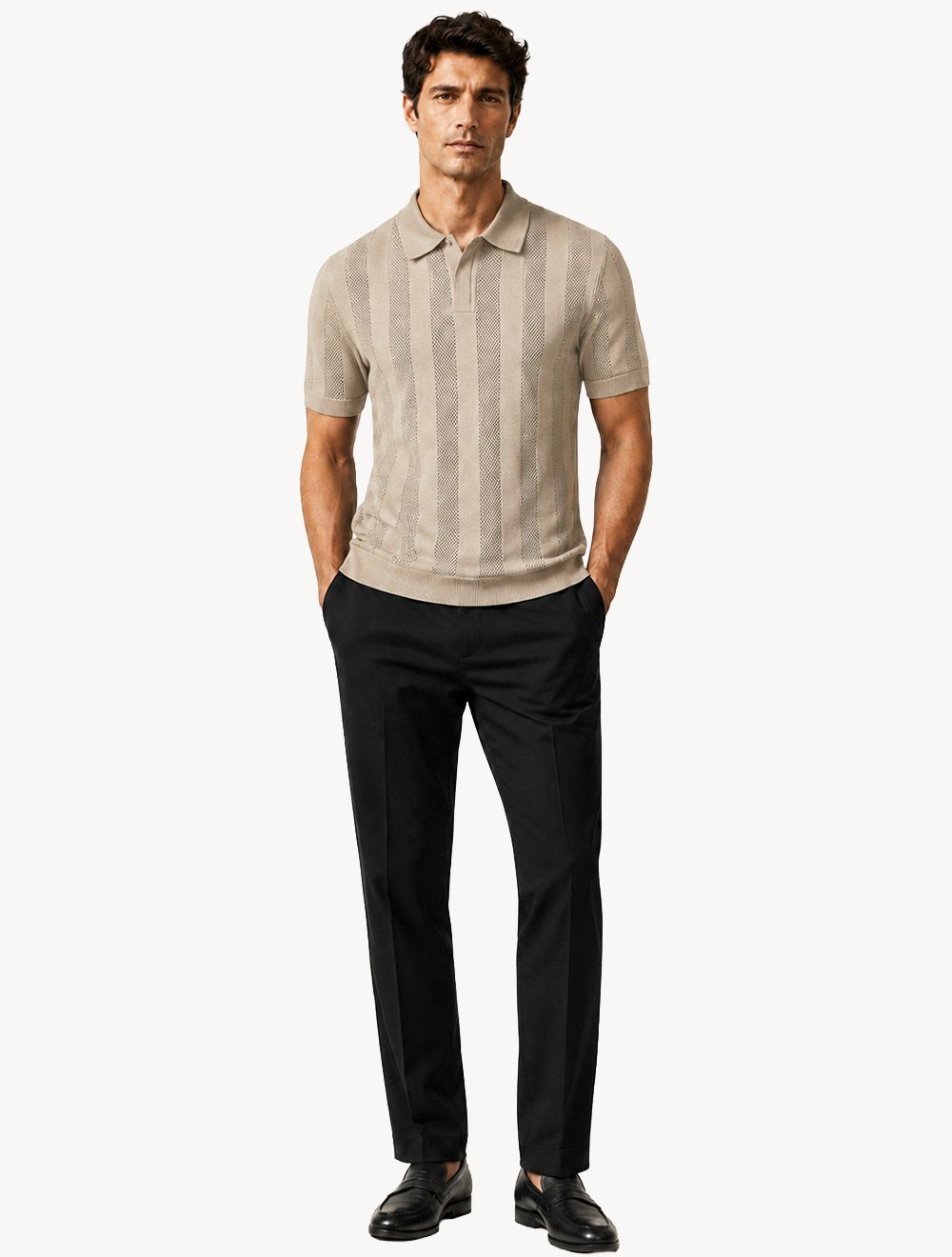 Polo Dixen Masculina Tricot Vertical Manga Curta Cáqui Médio