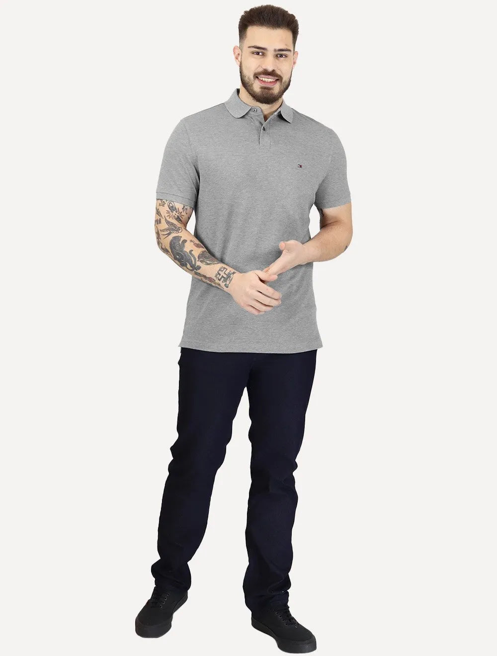 Polo Tommy Hilfiger Masculina Regular Piquet 1985 Taupe Cinza Médio