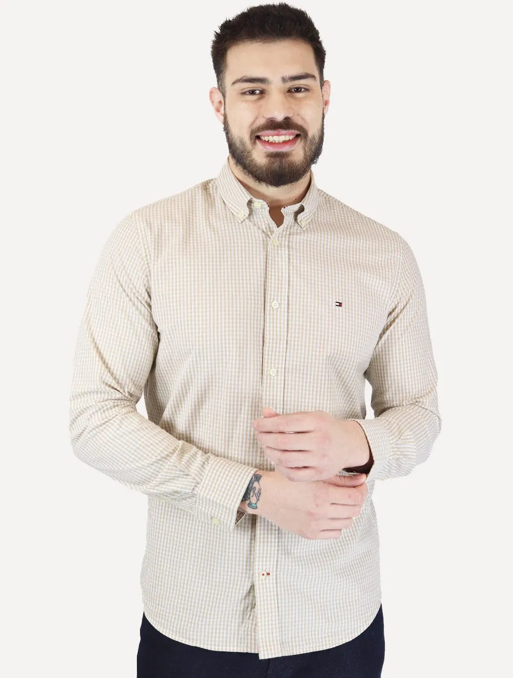 Camisa Tommy Hilfiger Masculina Xadrez Gingham Branca/Cáqui