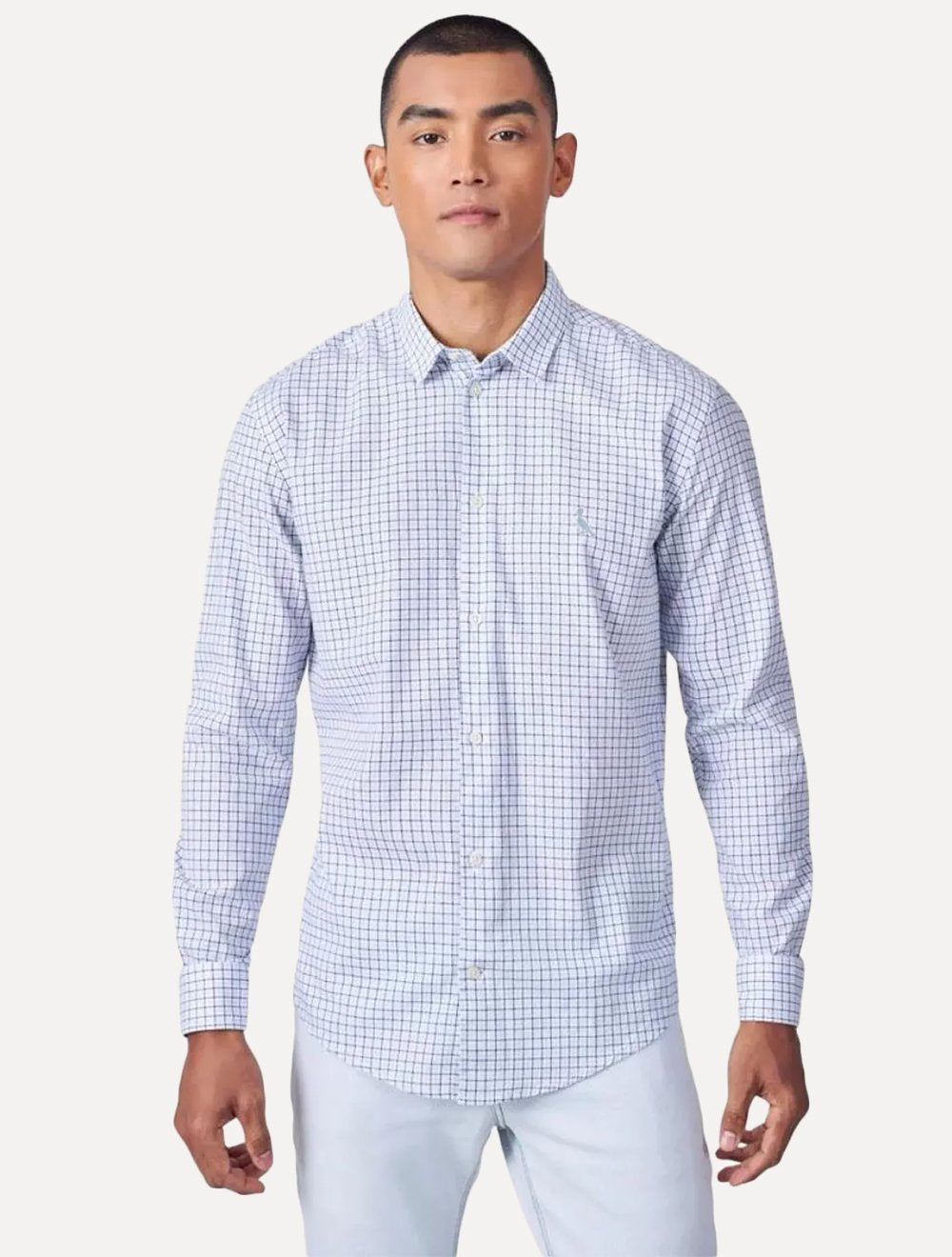 Camisa Reserva Masculina Office Enxuto Grid Duplo Dust Azul