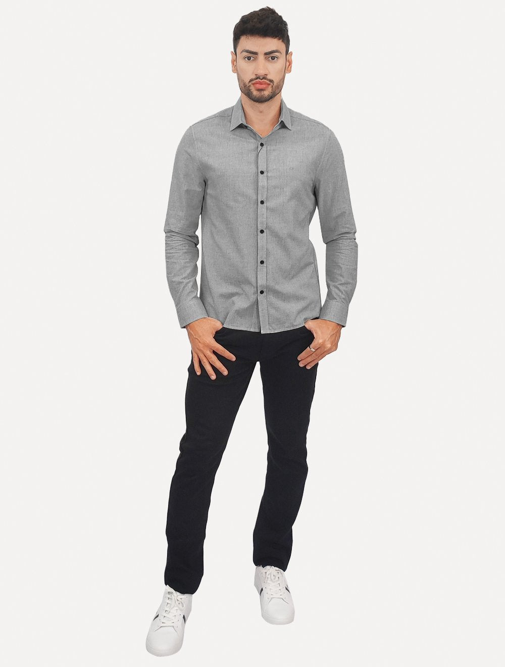 Camisa Calvin Klein Jeans Masculina Slim Tela Algodão Cinza Mescla