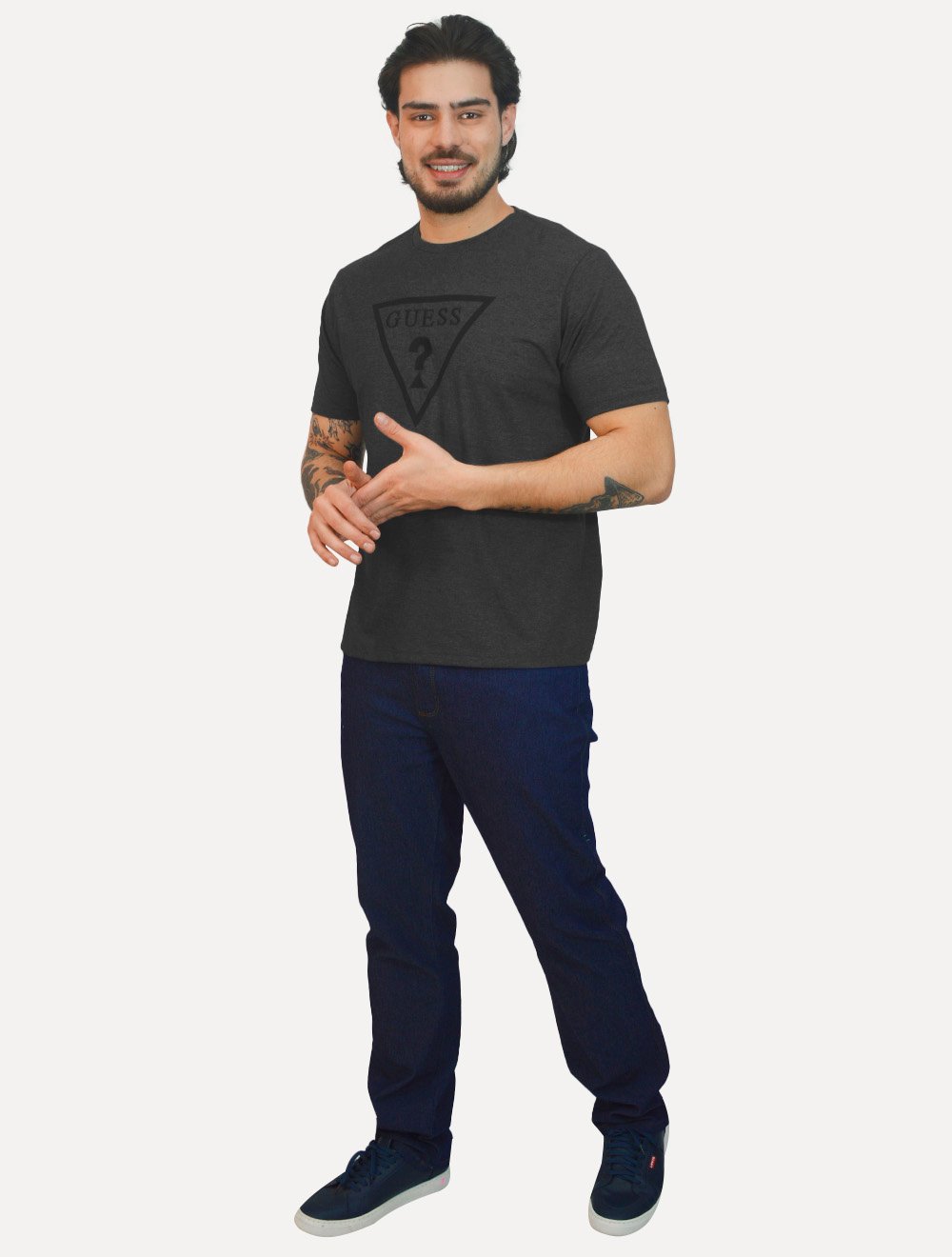 Camiseta Guess Masculina Classic Logo Embossed Cinza Escuro