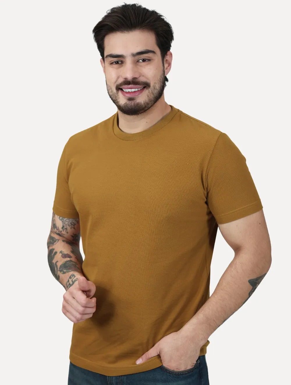 Camiseta King & Joe Masculina Mini Quadrille Slim Mostarda Ocre