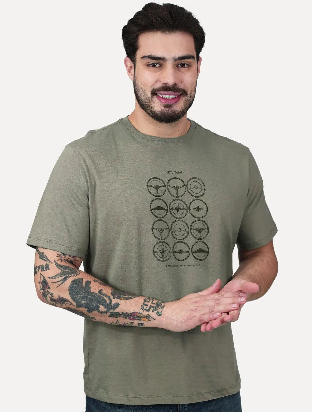 Camiseta Individual Masculina Comfort Estampada Steering Verde Médio