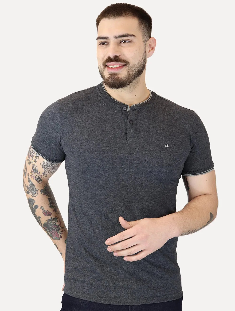 Polo Calvin Klein Masculina Slim Fit Gola Portuguesa Friso Chumbo