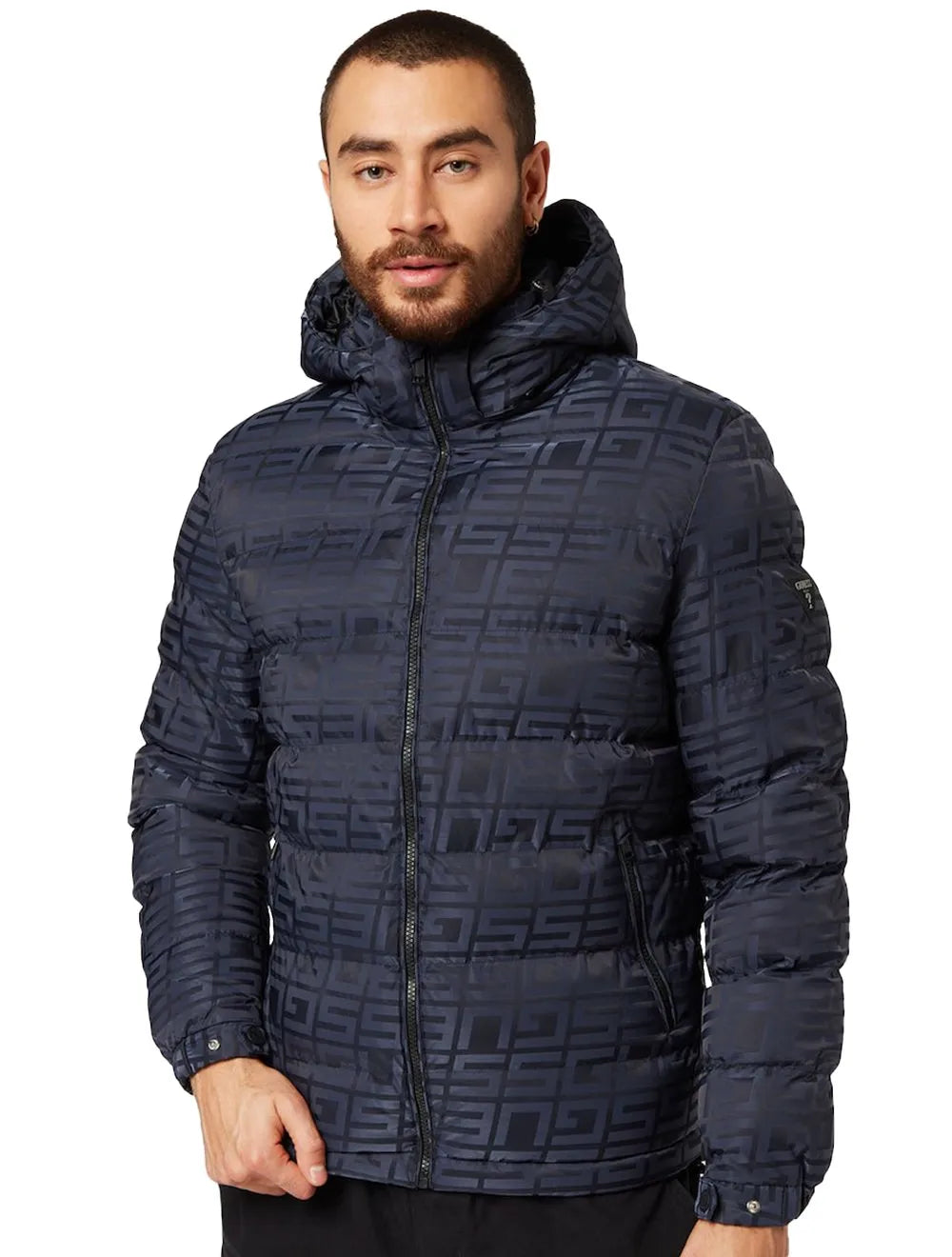 Jaqueta Guess Masculina Hoodie Allover Logo Puffer Azul Marinho