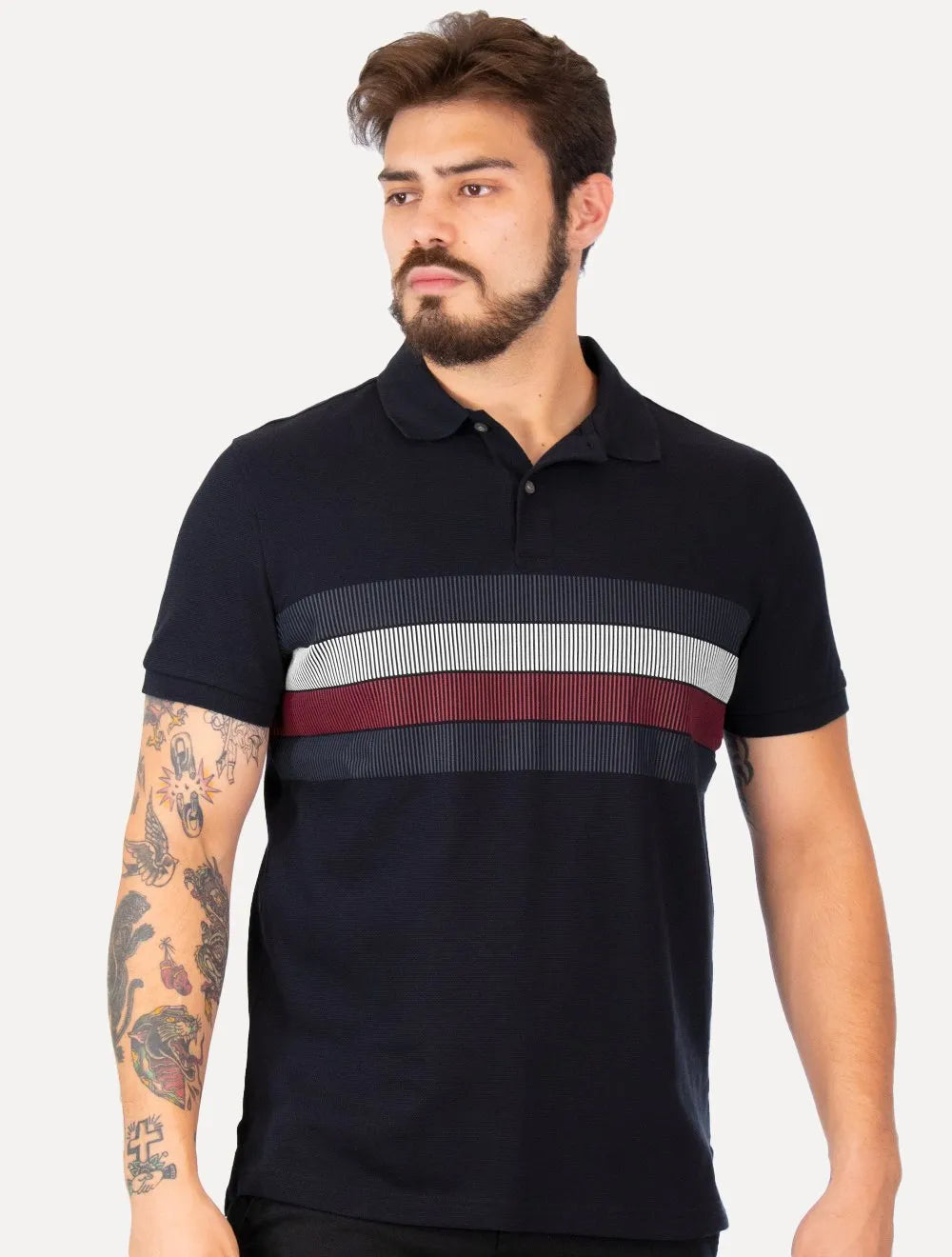 Polo Tommy Hilfiger Masculina Regular Shadow Global Stripe Azul Marinho
