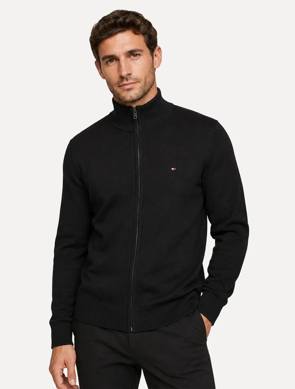 Suéter Tommy Hilfiger Masculino Essential Cotton Zip Through Preta