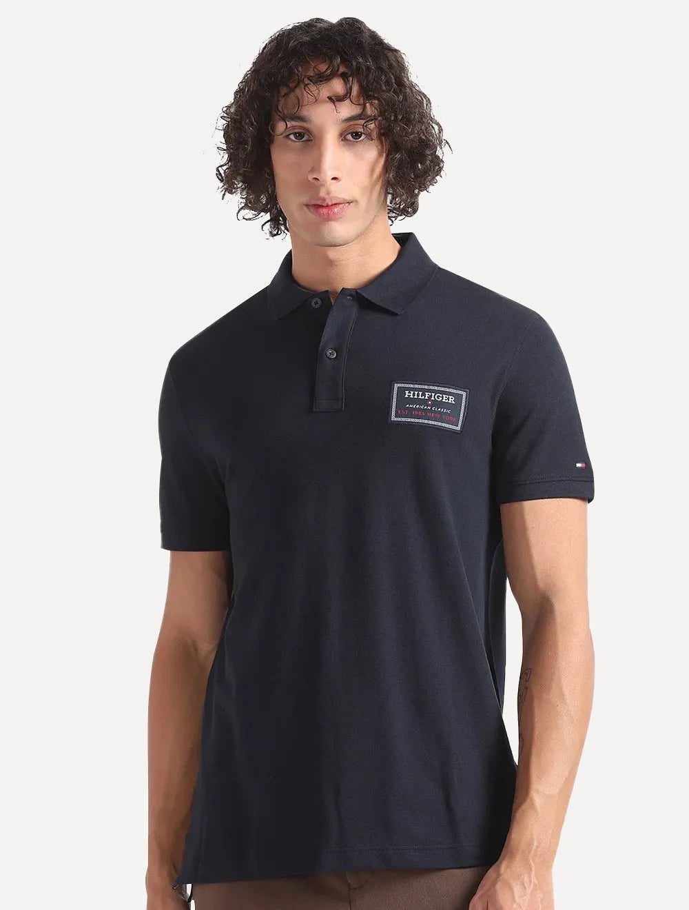 Polo Tommy Hilfiger Masculina Piquet Regular Label Azul Marinho