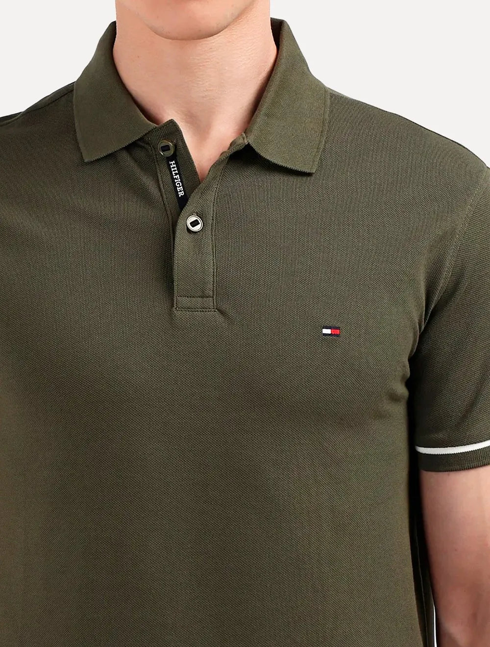 Polo Tommy Hilfiger Masculina Regular Piquet Under Placket Detail Verde Militar