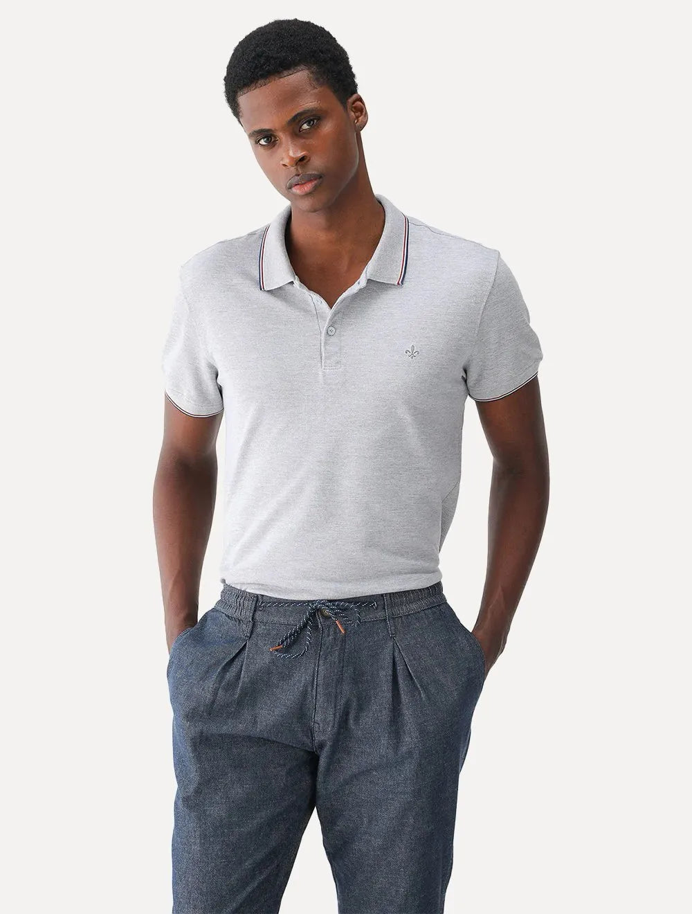 Polo Dudalina Masculina Piquet Gola Frisos Degrade Cinza Mescla