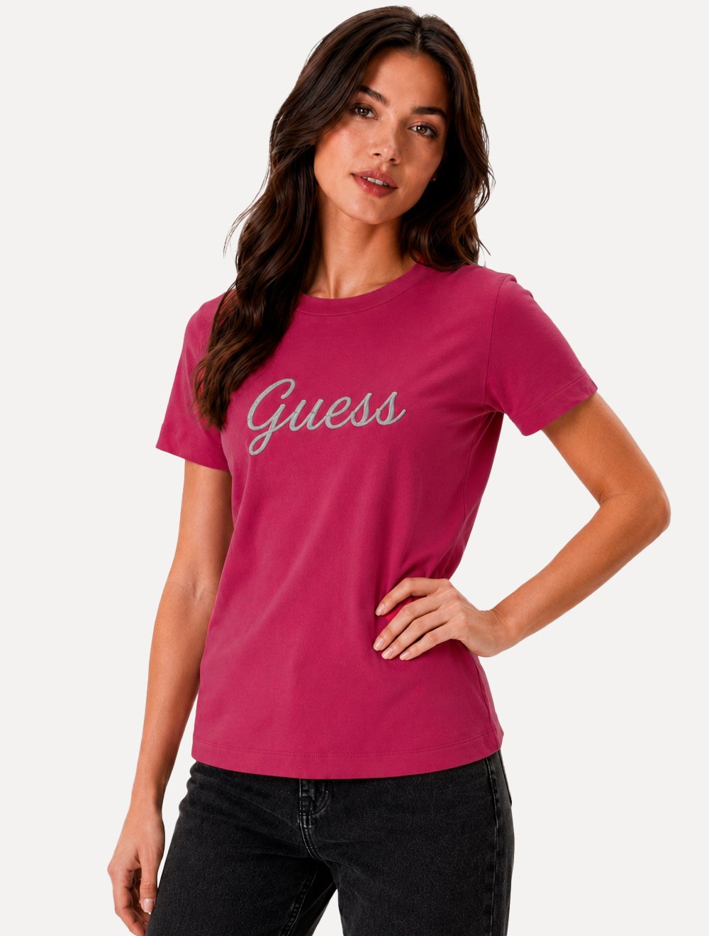 Camiseta Guess Feminina Signature Embroidery Logo Rosa Escuro