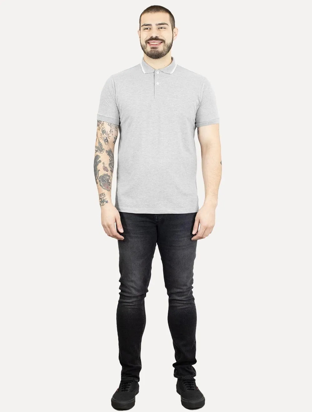 Polo Aramis Masculina Piquet Off Friso Cinza Mescla