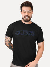 Camiseta Guess Masculina Outline Blue Logo Preta