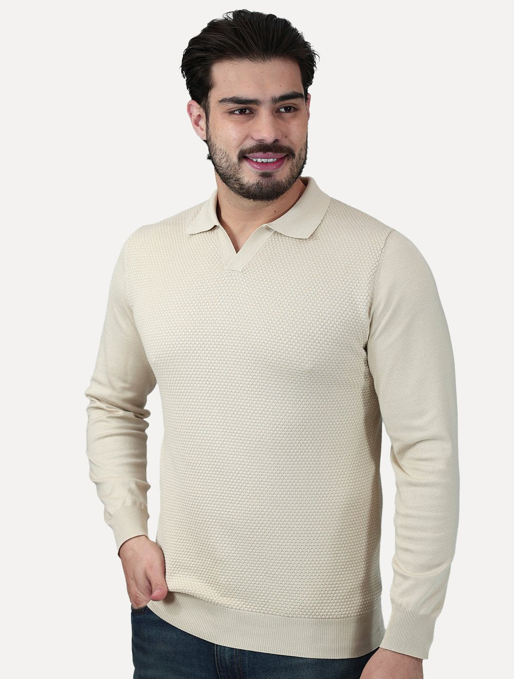 Camiseta Dixen Masculina Tricot Manga Longa Jacquard Seamless Cáqui