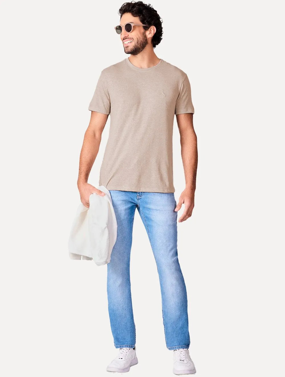 Camiseta Reserva Masculina Slim Malha Pêssego Cáqui Mescla