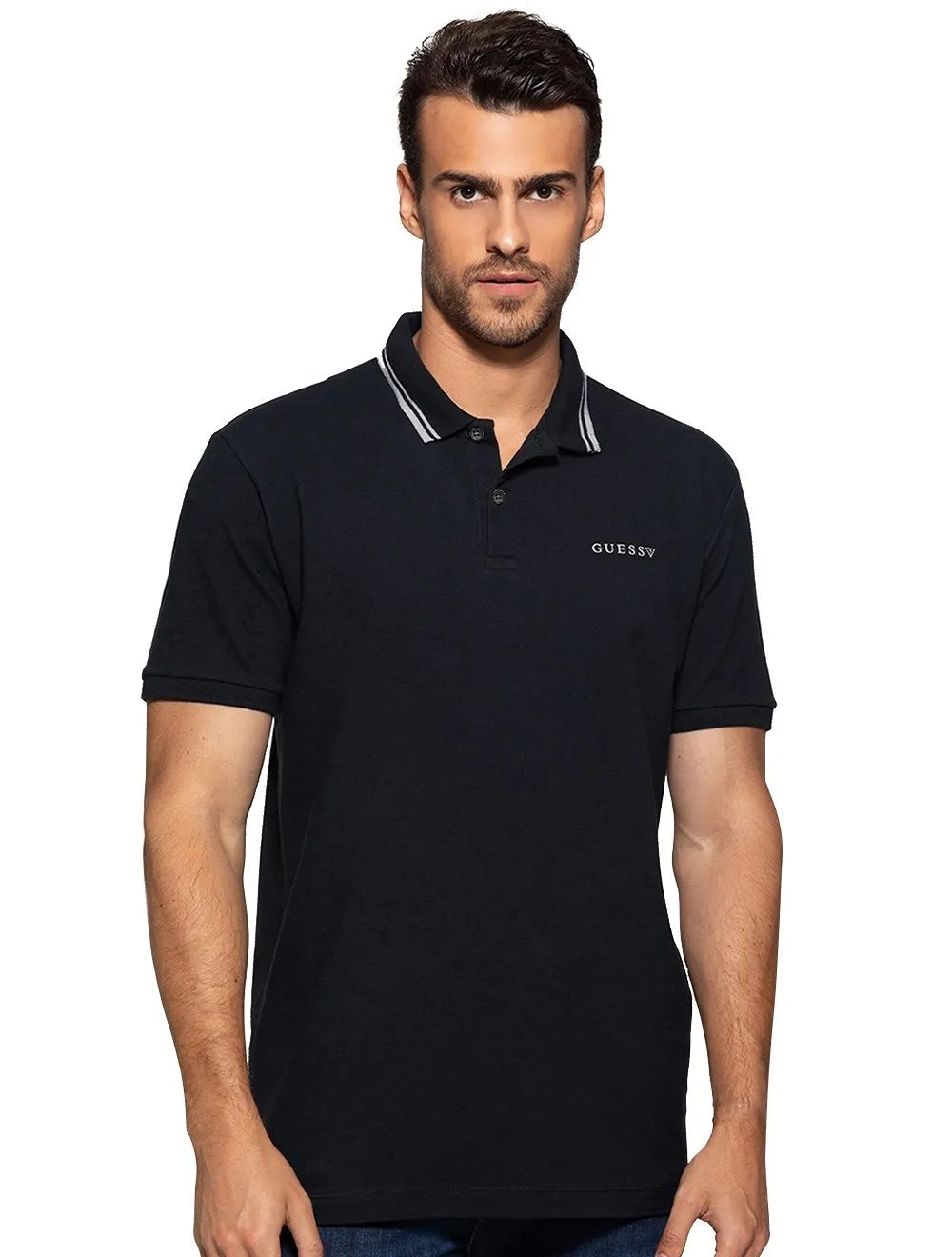 Polo Guess Masculina Piquet Silk Frisos Preta