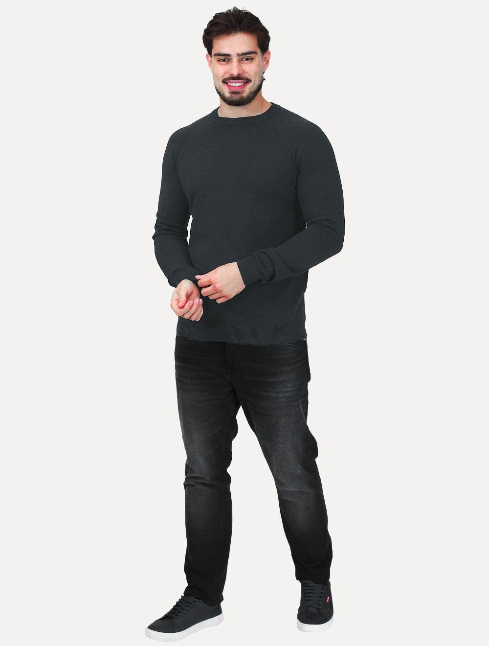 Suéter Dixen Masculina Tricot Manga Longa Raglan Gola Careca Azul Marinho